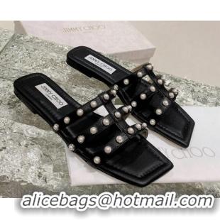 Top Design Jimmy Choo Leather Pearls Charm Flat Slide Sandals Black 082607