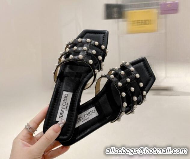 Top Design Jimmy Choo Leather Pearls Charm Flat Slide Sandals Black 082607