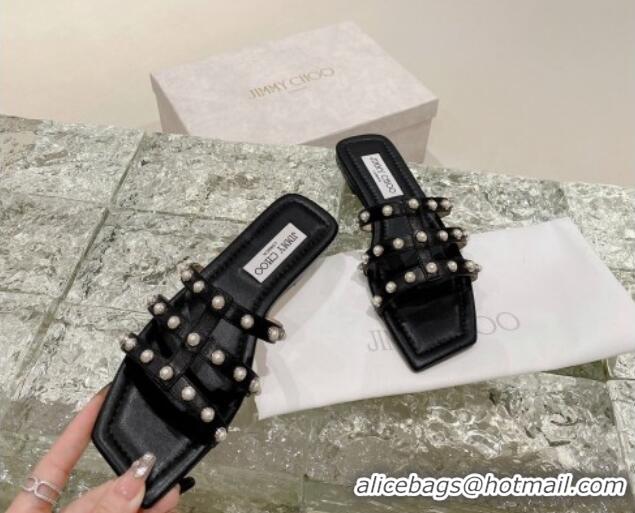 Top Design Jimmy Choo Leather Pearls Charm Flat Slide Sandals Black 082607