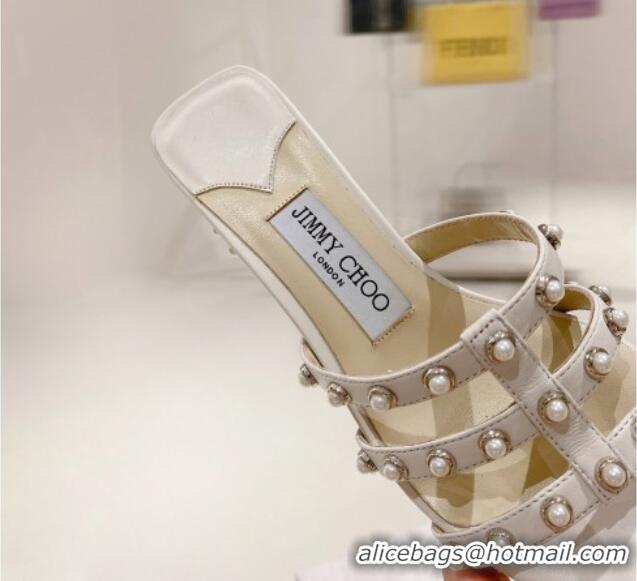 Stylish Jimmy Choo Leather Pearls Charm Heel Slide Sandals 4.5cm White 082608