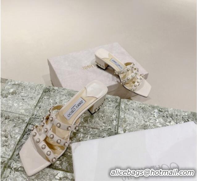 Stylish Jimmy Choo Leather Pearls Charm Heel Slide Sandals 4.5cm White 082608