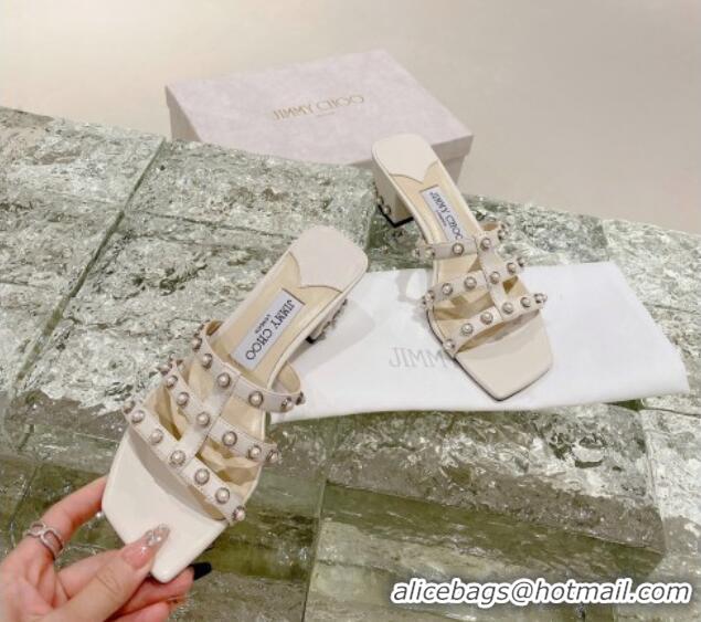 Stylish Jimmy Choo Leather Pearls Charm Heel Slide Sandals 4.5cm White 082608