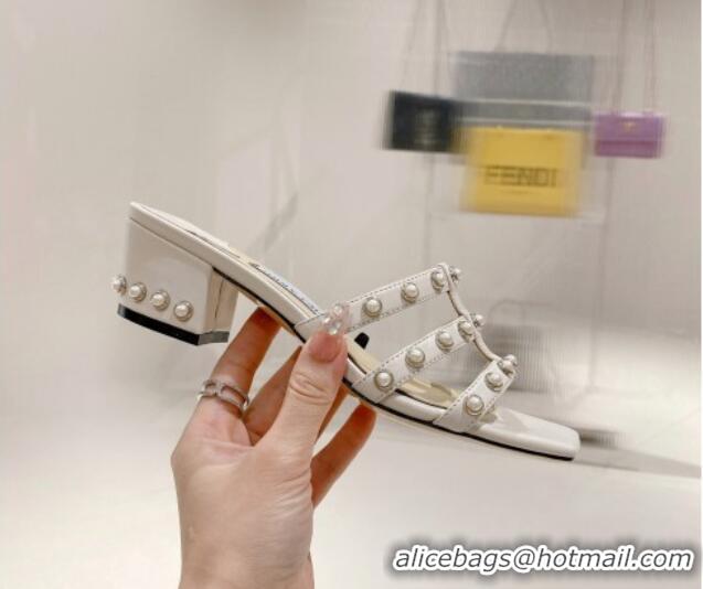 Stylish Jimmy Choo Leather Pearls Charm Heel Slide Sandals 4.5cm White 082608