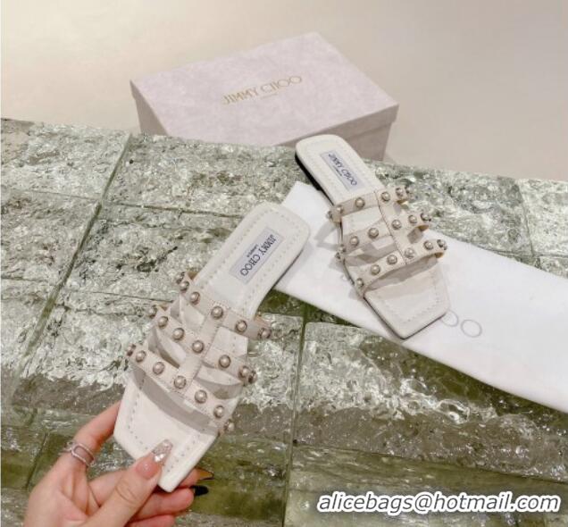 Most Popular Jimmy Choo Leather Pearls Charm Flat Slide Sandals White 2082609