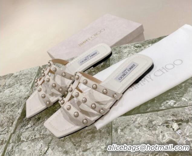 Most Popular Jimmy Choo Leather Pearls Charm Flat Slide Sandals White 2082609