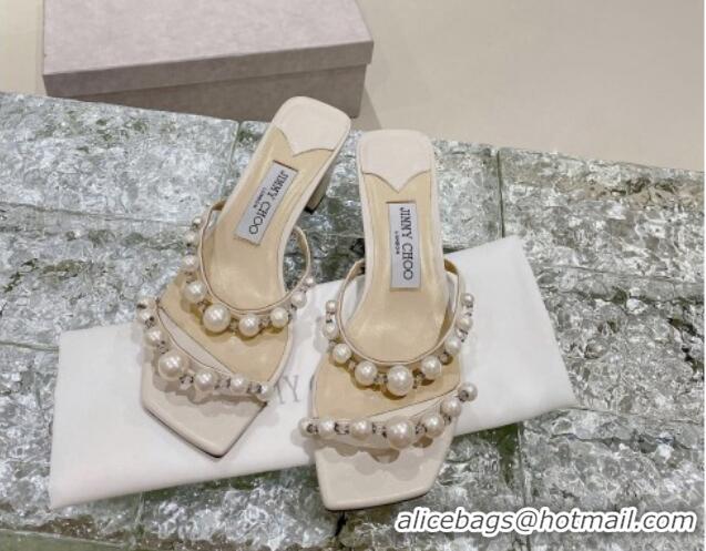 Good Quality Jimmy Choo Amara Leather and Pearls Heel Slide Sandals 4.5cm White 2082611