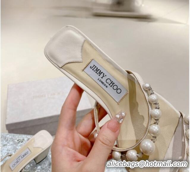 Good Quality Jimmy Choo Amara Leather and Pearls Heel Slide Sandals 4.5cm White 2082611