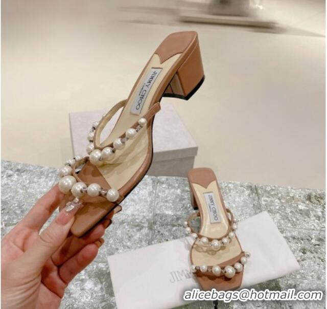 Grade Quality Jimmy Choo Amara Leather and Pearls Heel Slide Sandals 4.5cm Light Brown 2082612