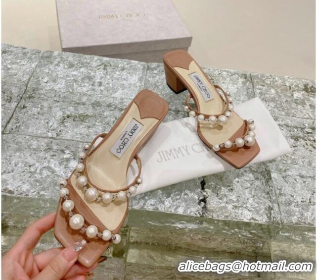 Grade Quality Jimmy Choo Amara Leather and Pearls Heel Slide Sandals 4.5cm Light Brown 2082612