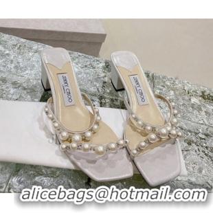 Top Grade Jimmy Choo Amara Leather and Pearls Heel Slide Sandals 4.5cm Silver 2082613