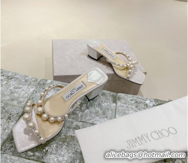 Top Grade Jimmy Choo Amara Leather and Pearls Heel Slide Sandals 4.5cm Silver 2082613