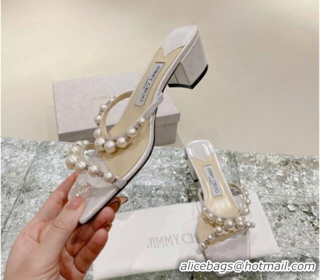 Top Grade Jimmy Choo Amara Leather and Pearls Heel Slide Sandals 4.5cm Silver 2082613