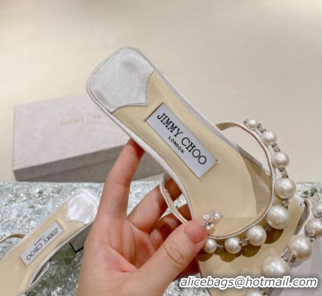 Top Grade Jimmy Choo Amara Leather and Pearls Heel Slide Sandals 4.5cm Silver 2082613