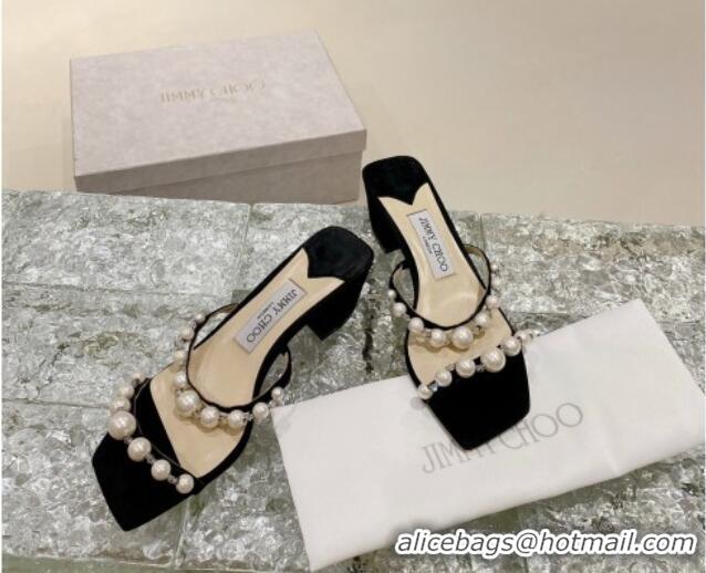 Classic Hot Jimmy Choo Amara Suede and Pearls Heel Slide Sandals 4.5cm Black 082614