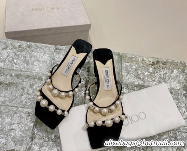 Classic Hot Jimmy Choo Amara Suede and Pearls Heel Slide Sandals 4.5cm Black 082614