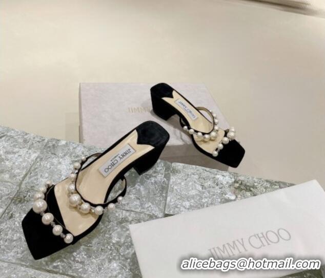 Classic Hot Jimmy Choo Amara Suede and Pearls Heel Slide Sandals 4.5cm Black 082614