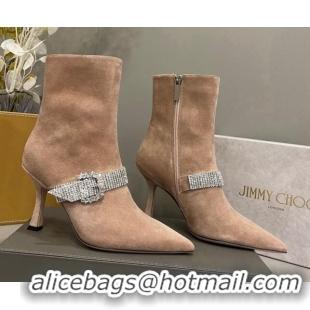 Best Grade Jimmy Choo Cora Suede Heel Ankle Boots 8.5cm with Crystal Buckle Camel 090927