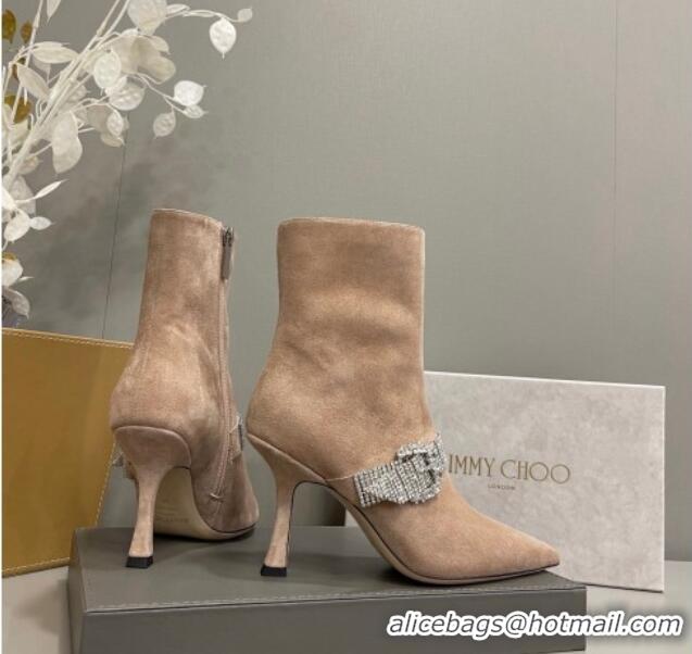 Best Grade Jimmy Choo Cora Suede Heel Ankle Boots 8.5cm with Crystal Buckle Camel 090927