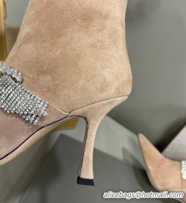 Best Grade Jimmy Choo Cora Suede Heel Ankle Boots 8.5cm with Crystal Buckle Camel 090927