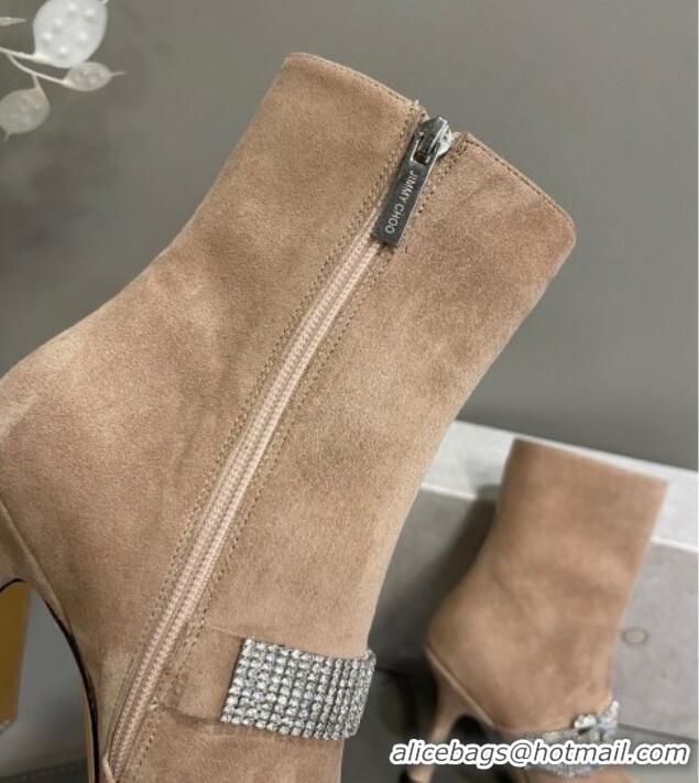 Best Grade Jimmy Choo Cora Suede Heel Ankle Boots 8.5cm with Crystal Buckle Camel 090927