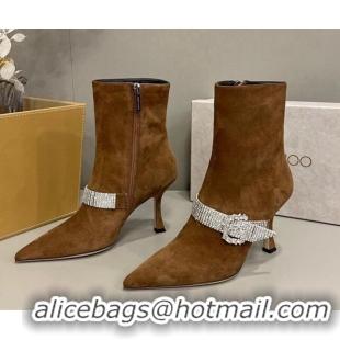 Discount Fashion Jimmy Choo Cora Suede Heel Ankle Boots 8.5cm with Crystal Buckle Brown 090928