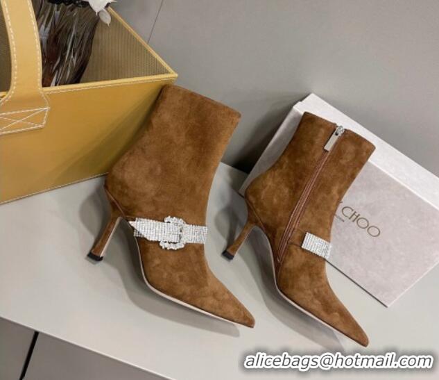 Discount Fashion Jimmy Choo Cora Suede Heel Ankle Boots 8.5cm with Crystal Buckle Brown 090928