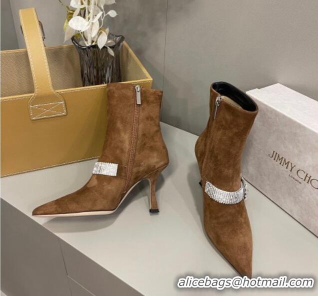 Discount Fashion Jimmy Choo Cora Suede Heel Ankle Boots 8.5cm with Crystal Buckle Brown 090928