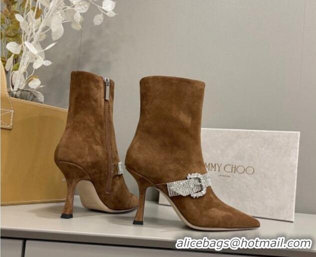 Discount Fashion Jimmy Choo Cora Suede Heel Ankle Boots 8.5cm with Crystal Buckle Brown 090928