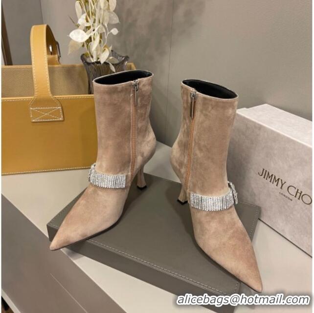 Pretty Style Jimmy Choo Cora Suede Heel Ankle Boots 8.5cm with Crystal Buckle Taupe Grey 090929