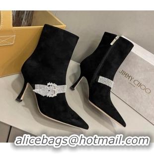 Best Price Jimmy Choo Cora Suede Heel Ankle Boots 8.5cm with Crystal Buckle Black 2090930