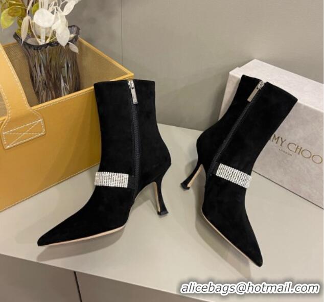 Best Price Jimmy Choo Cora Suede Heel Ankle Boots 8.5cm with Crystal Buckle Black 2090930