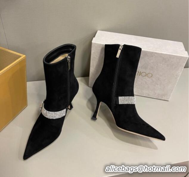 Best Price Jimmy Choo Cora Suede Heel Ankle Boots 8.5cm with Crystal Buckle Black 2090930