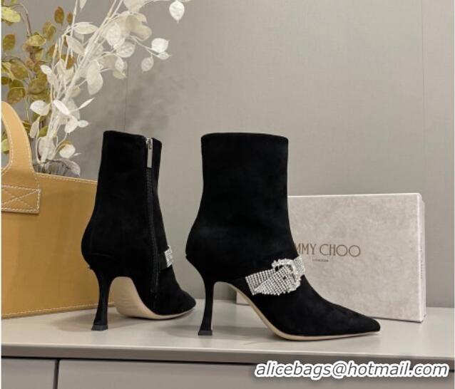 Best Price Jimmy Choo Cora Suede Heel Ankle Boots 8.5cm with Crystal Buckle Black 2090930