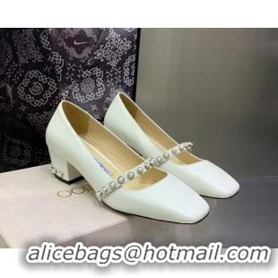 Stylish Jimmy Choo Nappa Leather Pumps 4.5cm with Pearls White 090935