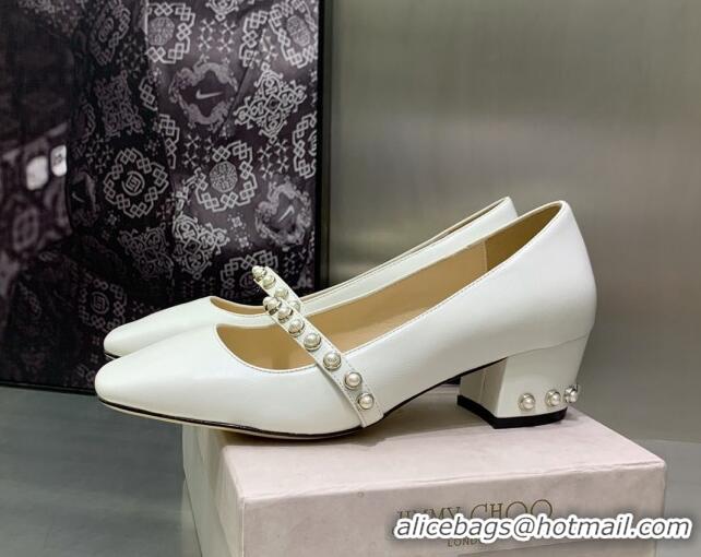 Stylish Jimmy Choo Nappa Leather Pumps 4.5cm with Pearls White 090935