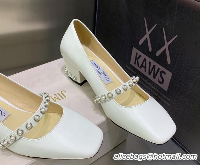 Stylish Jimmy Choo Nappa Leather Pumps 4.5cm with Pearls White 090935