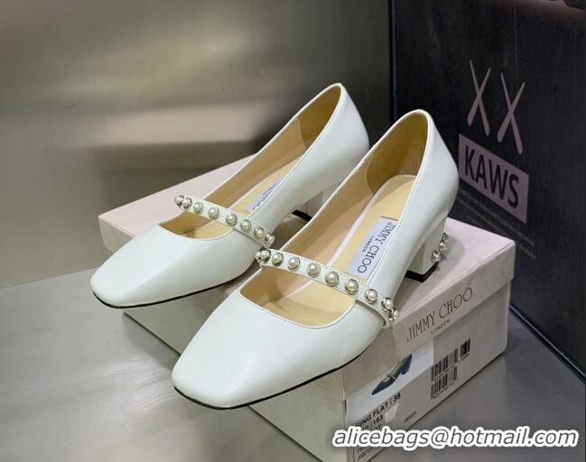 Stylish Jimmy Choo Nappa Leather Pumps 4.5cm with Pearls White 090935