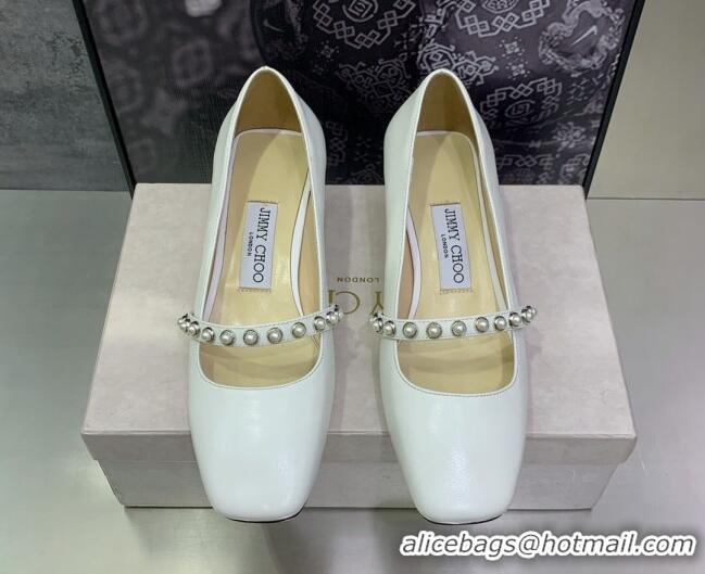 Stylish Jimmy Choo Nappa Leather Pumps 4.5cm with Pearls White 090935