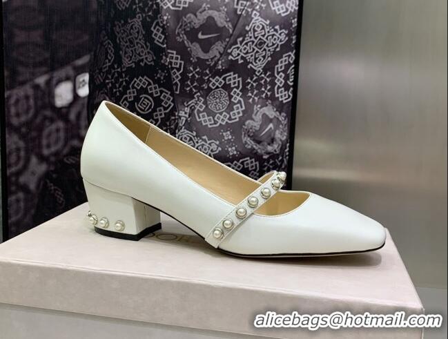 Stylish Jimmy Choo Nappa Leather Pumps 4.5cm with Pearls White 090935