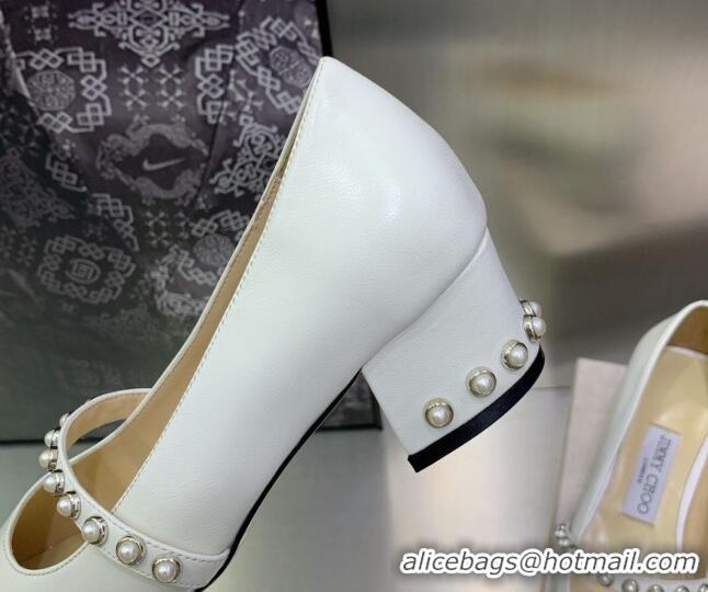 Stylish Jimmy Choo Nappa Leather Pumps 4.5cm with Pearls White 090935