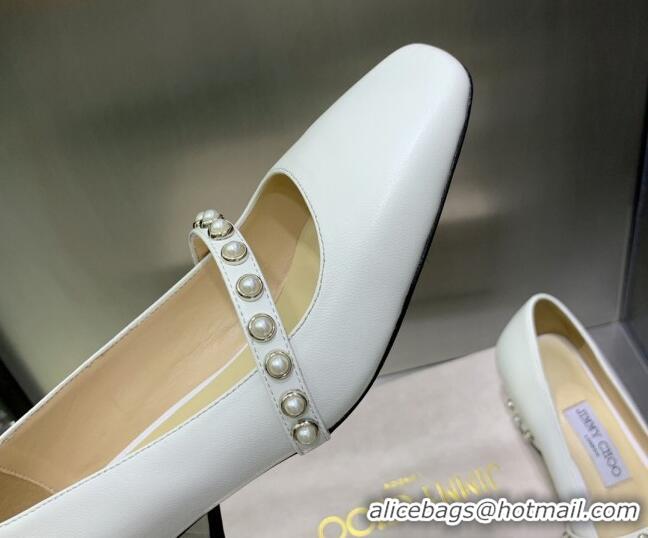 Stylish Jimmy Choo Nappa Leather Pumps 4.5cm with Pearls White 090935