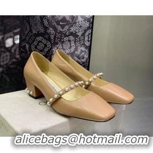 Hot Style Jimmy Choo Nappa Leather Pumps 4.5cm with Pearls Beige 090936