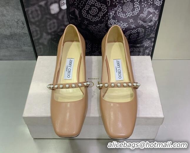 Hot Style Jimmy Choo Nappa Leather Pumps 4.5cm with Pearls Beige 090936