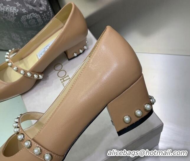 Hot Style Jimmy Choo Nappa Leather Pumps 4.5cm with Pearls Beige 090936