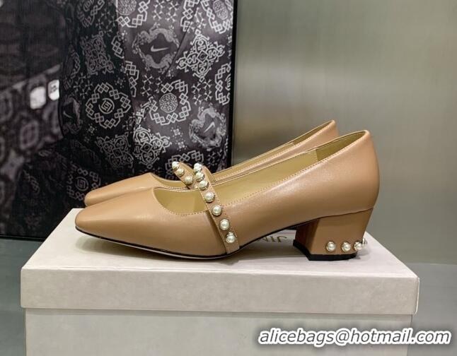 Hot Style Jimmy Choo Nappa Leather Pumps 4.5cm with Pearls Beige 090936