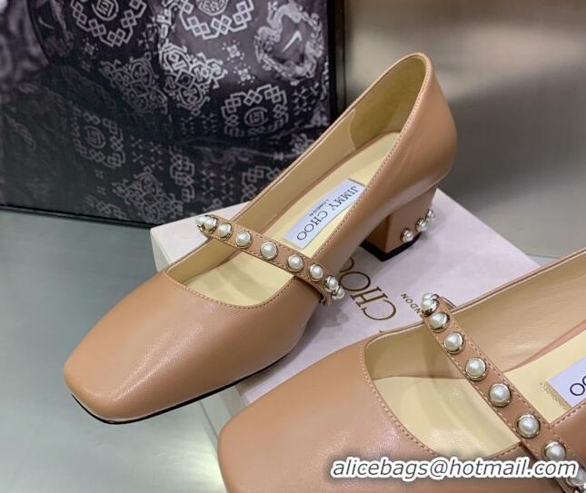 Hot Style Jimmy Choo Nappa Leather Pumps 4.5cm with Pearls Beige 090936