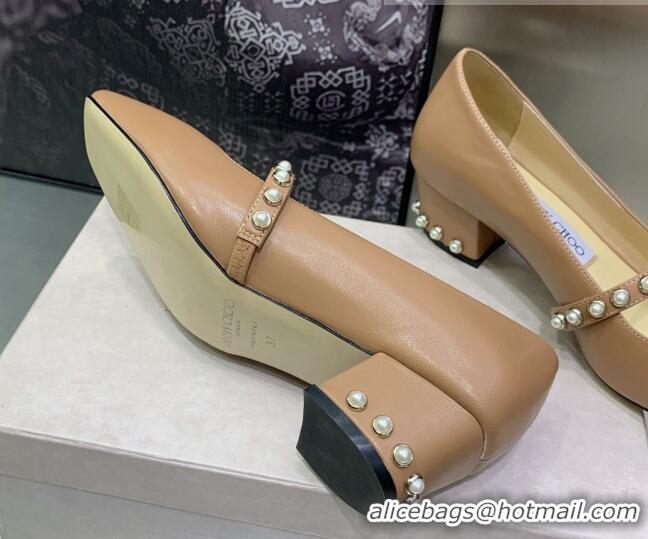 Hot Style Jimmy Choo Nappa Leather Pumps 4.5cm with Pearls Beige 090936