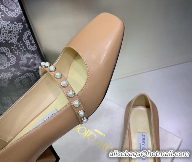 Hot Style Jimmy Choo Nappa Leather Pumps 4.5cm with Pearls Beige 090936