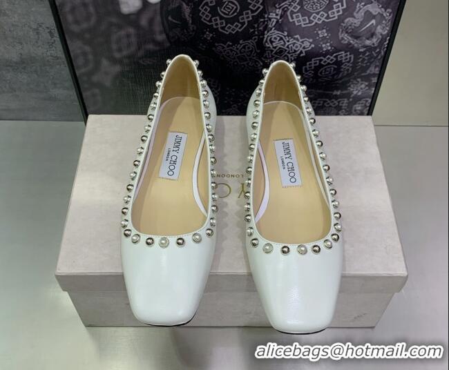 Trendy Design Jimmy Choo Nappa Leather Ballerinas with Pearls White 090938