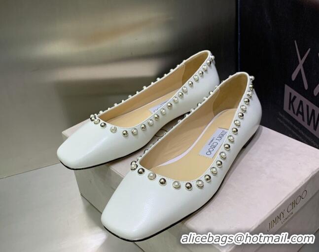 Trendy Design Jimmy Choo Nappa Leather Ballerinas with Pearls White 090938